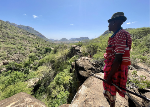 Mzee, an elder, looking at the Ndoto landscape near Mount Marsabit, a critical dryland forest and rangeland (Courtesy of NaPO)