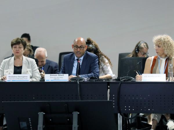 Photo by IISD/ENB. From L-R: Kristalina Georgieva, Managing Director, International Monetary Fund (IMF); UNFCCC Executive Secretary Simon Stiell and Jennifer Lee Morgan State Secretary and Special Envoy for International Climate Action, Germany