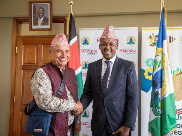 H.E Governor Mutula Kilonzo Junior (left) of Makueni county and Mr. Bhola Prasad Pokhrel (Right), mayor of Karjanha municipality
