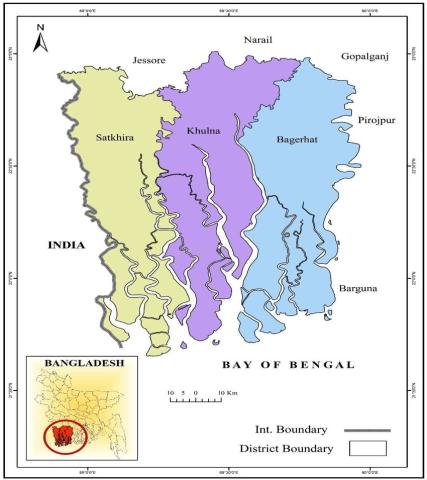 Location of Satkhira, Bagerhat and Khulna districts. Courtesy of Saha, Sebak. (2017)